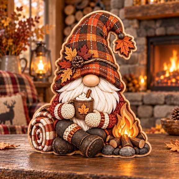 3 Layer Fall Gnome Wooden Block with Campfire Tabletop Decor for Autumn Gifts