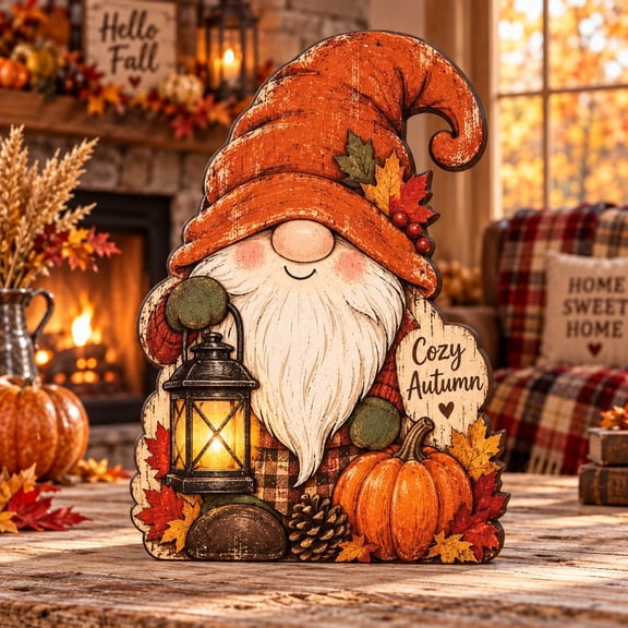 3 Layer Fall Gnome Wooden Stand with Lantern, Pumpkin and Maple Leaves for Cozy Autumn Displays