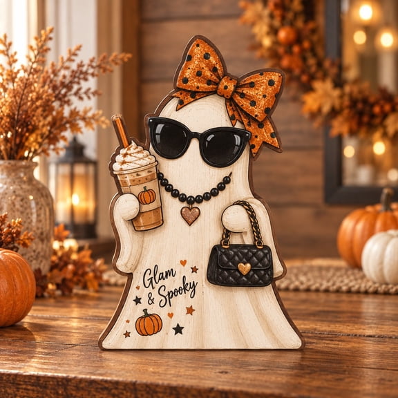 3 Layer Fashion Halloween Ghost Wooden Stand, Glam Pumpkin Shelf Display for Spooky Season