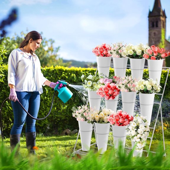 3 Layer Flower Display Stand, Flower Stand with Round Buckets, Plant Cart with Wheels, Movable Iron Flower Rack for Florist, Garden, Patio