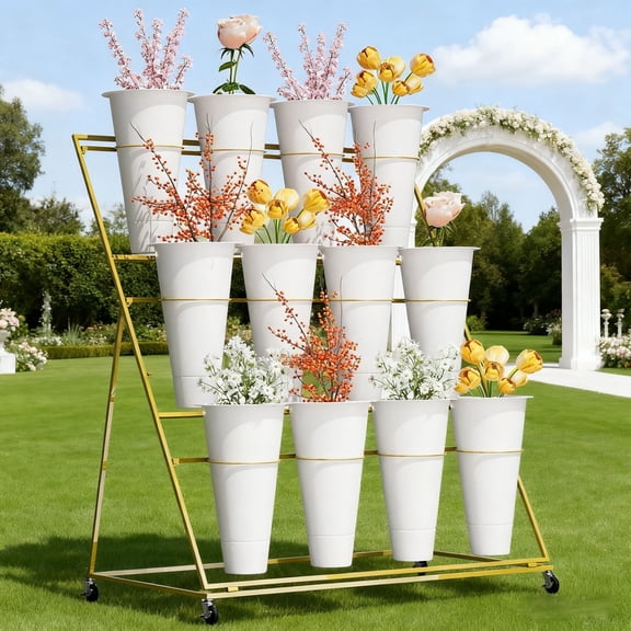 3-Layer Flower Display Stand with 12 Buckets, Moving Floral Stand with Wheels, Heavy-Duty Plant Rack for Shop Events Patio Wedding Florist