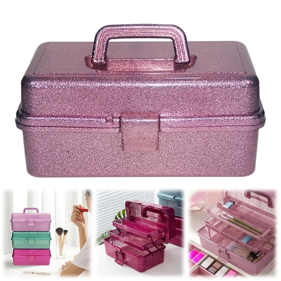 3-Layer Foldable Storage Box with Handle – Portable Pink Organizer for Art Supplies, Tools, Cosmetics, Medicine, Adjustable Compartments for Home & Travel