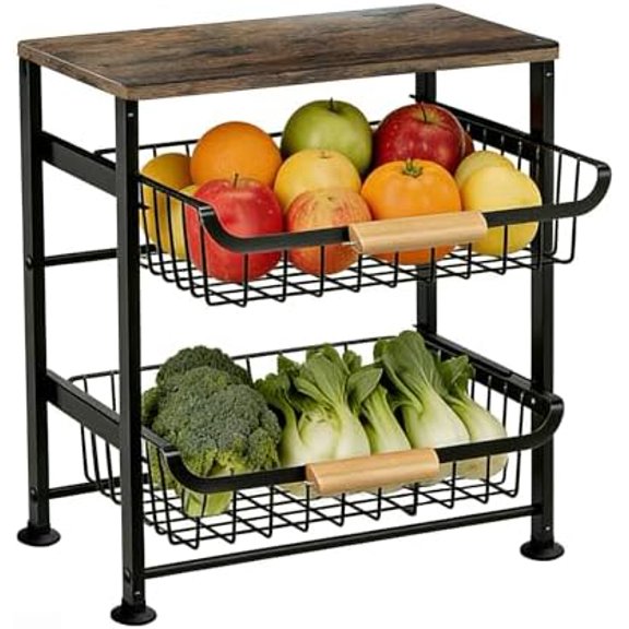 3-Layer Fruit Basket Kitchen Food Organizer and Rack Rolling Pantry Kitchen Cart On Wheels with Wood Top Table,Pull-Out Hollow Metal Basket for Sorting Spice Snacks Vegetables,Black