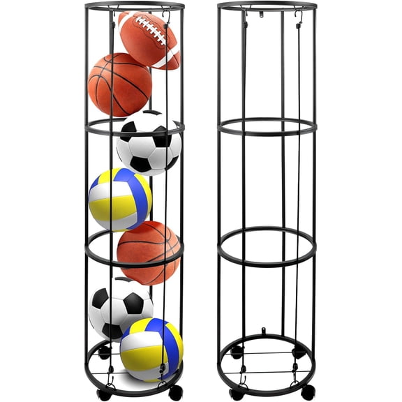 3 Layer Garage Ball Storage, Columnar Vertical Ball Storage Racks with Wheels, Ball Rack Organizer for Basketball, Football, Volleyball, Ball Organizer for Room, Garage, Home