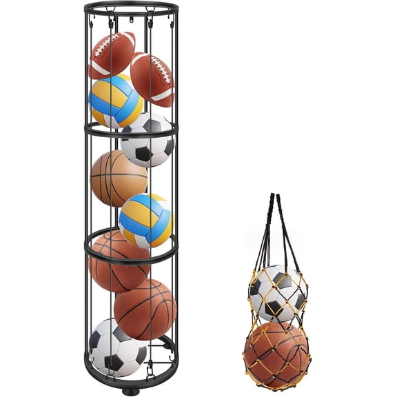 3 Layer Garage Ball Storage Rack, Vertical Basketball Holder, Black | Ball Cage Wall Mount & Floor, Ball Bag Mesh Net, Elastic Rope, Suction Cup, for Soccer Volleyball Football,for Kids Room Home