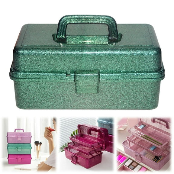 3 Layer Glitter Craft Storage Box with Dividers, Stackable Trays Create Compartments, Thread and Brushes, Clear Sparkle Lid Carry Tackle Box Green