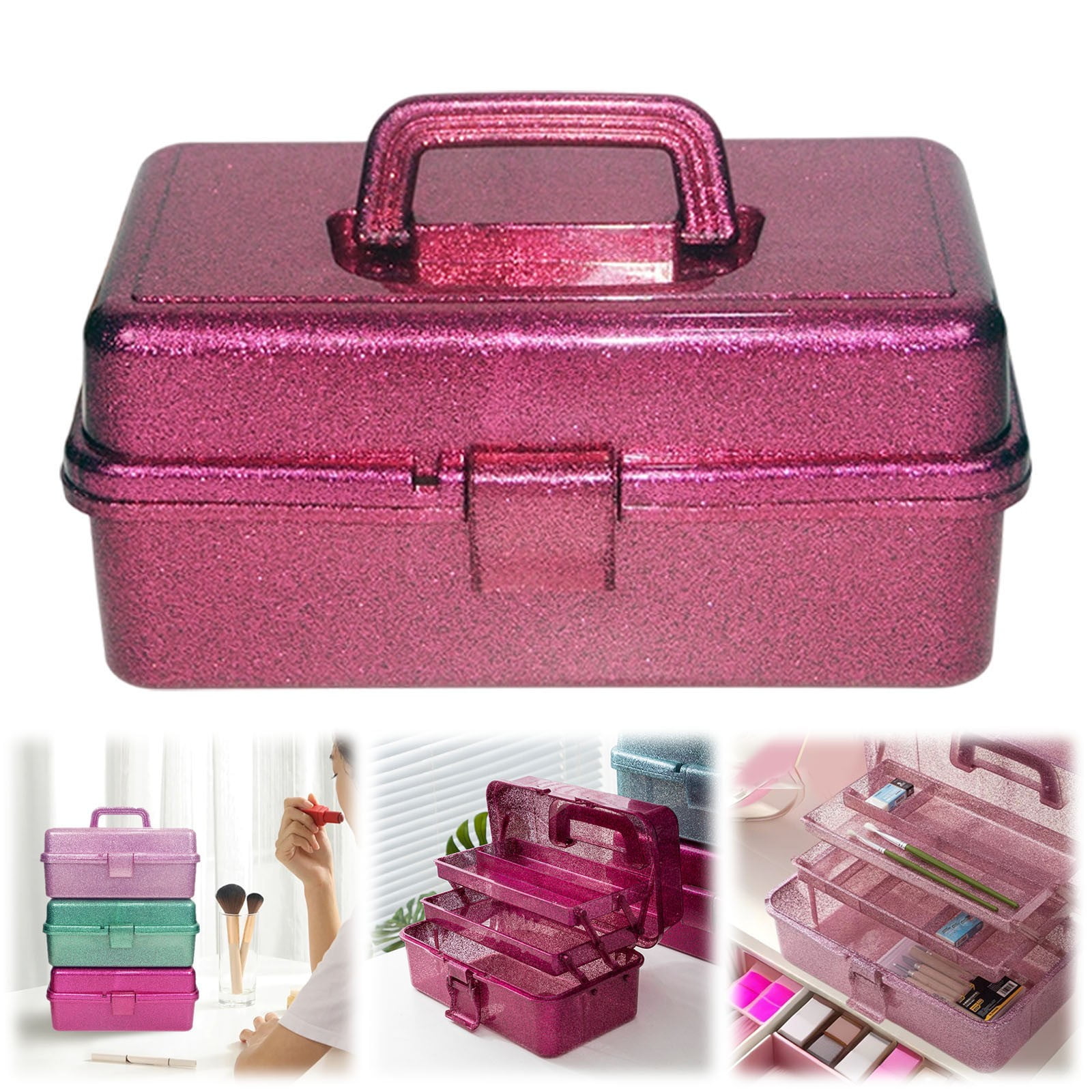 3 Layer Glitter Craft Storage Box with Dividers, Stackable Trays Create Compartments, Thread and Brushes, Clear Sparkle Lid Carry Tackle Box Red