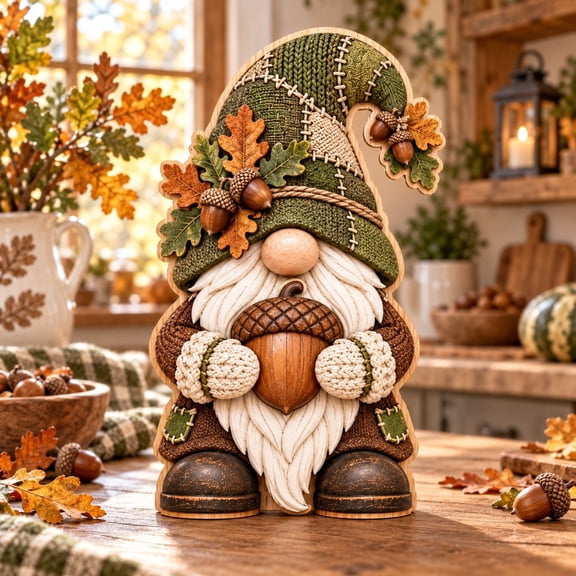 3 Layer Gnome Wooden Block, Acorn Collector Fall Shelf Display for Autumn Gift