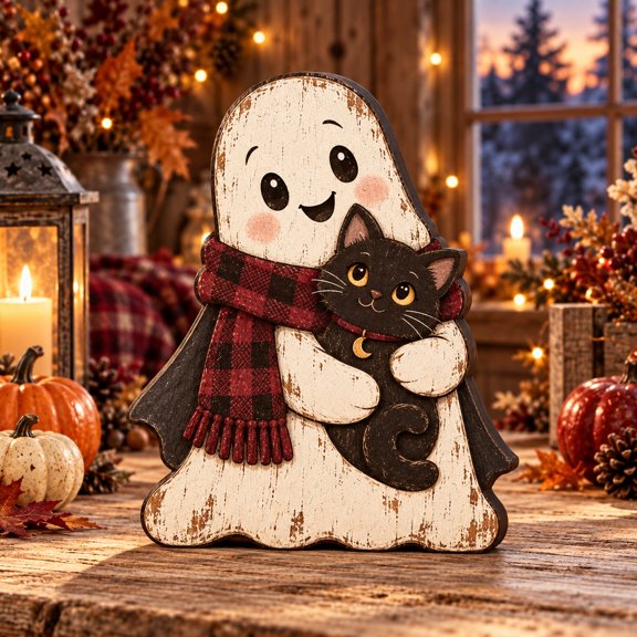 3-Layer Gothic Halloween Ghost Wooden Stand, Black Cat Scarf Tabletop Display for Spooky Season