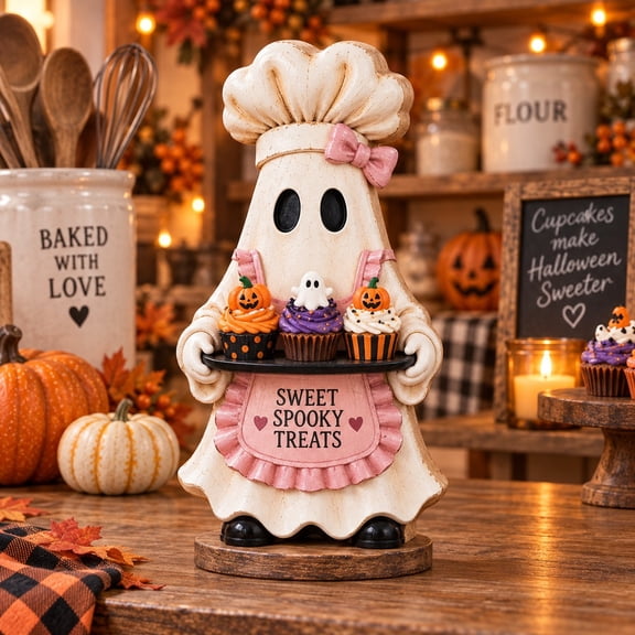 3-Layer Halloween Bakery Wooden Stand, Ghost Baker Cupcake Display for Kitchen Counter