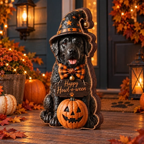 3 Layer Halloween Black Labrador Witch Wooden Stand, Freestanding Porch Decor for Canine Lovers
