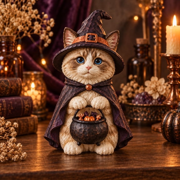 3 Layer Halloween Cat Wooden Plaque, Cream Tabby Witch Shelf Display for Feline Lovers