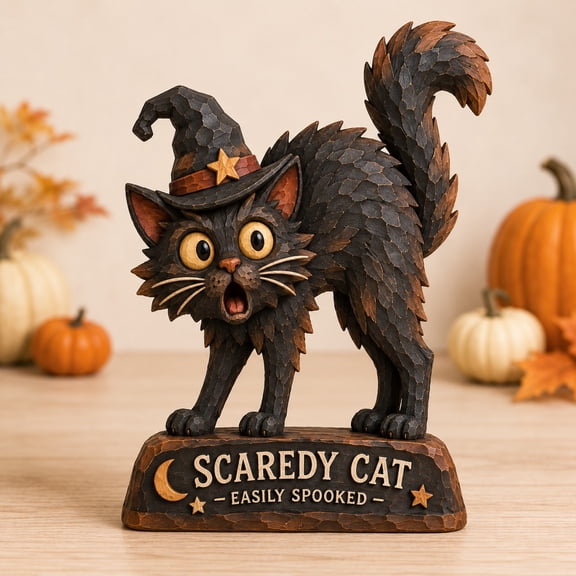 3-Layer Halloween Cat Wooden Stand, Scaredy Witch Silhouette Tabletop Display for Spooky Season
