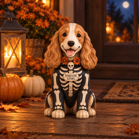 3-Layer Halloween Cocker Spaniel Skeleton Wooden Stand for Porch Display, Canine Lover Gift