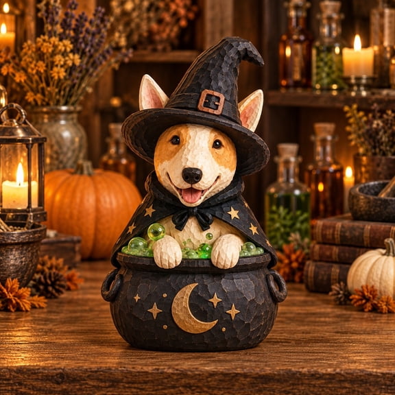 3 Layer Halloween Corgi Witch Stand, Wooden Freestanding Tabletop Display for Dog Lovers