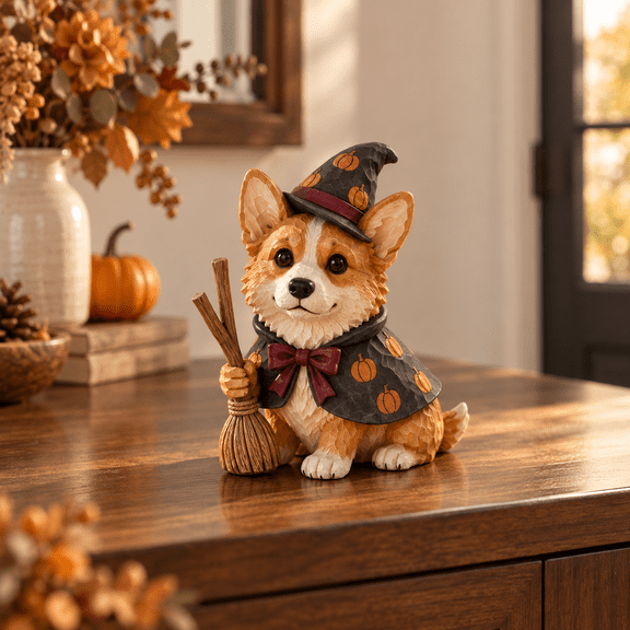 3-Layer Halloween Dog Tabletop Decor, Corgi Witch Wooden Shelf Display for Pet Lovers