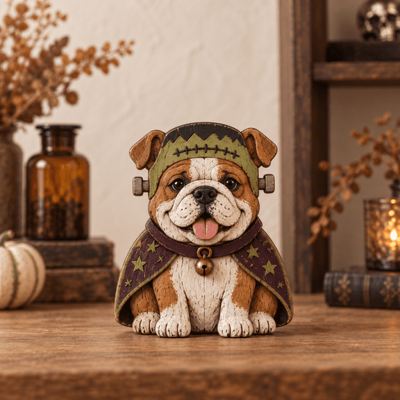 3 Layer Halloween Dog Tabletop Decor, English Bulldog Frankenstein Wooden Shelf Accent for Pet Lovers