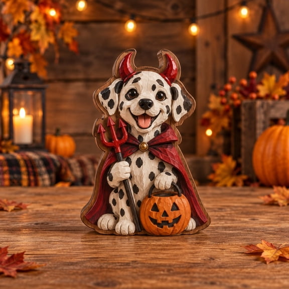 3-Layer Halloween Dog Wooden Stand, Dalmatian Devil Tabletop Display for Pet Lovers