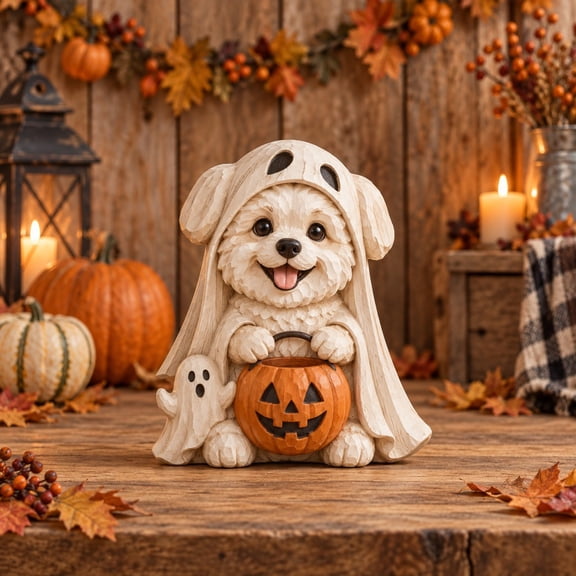 3 Layer Halloween Dog Wooden Stand, Fluffy Ghost With Jack O Lantern for Fall Table Display
