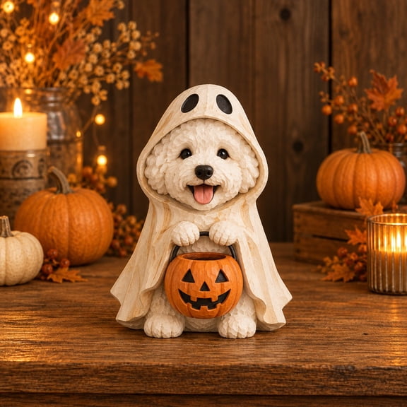 3 Layer Halloween Dog Wooden Stand, Ghost Bichon with Jack O Lantern for Tabletop Display, Pet Lover Gift