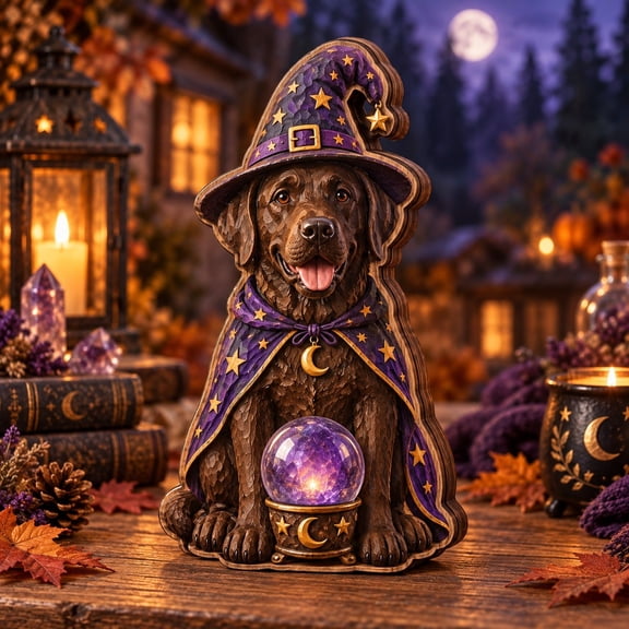 3 Layer Halloween Dog Wooden Stand, Witch Labrador Tabletop Display for Pet Enthusiasts