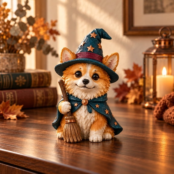 3-Layer Halloween Dog Wooden Tabletop Decor, Corgi Witch with Broom for Pet Lovers