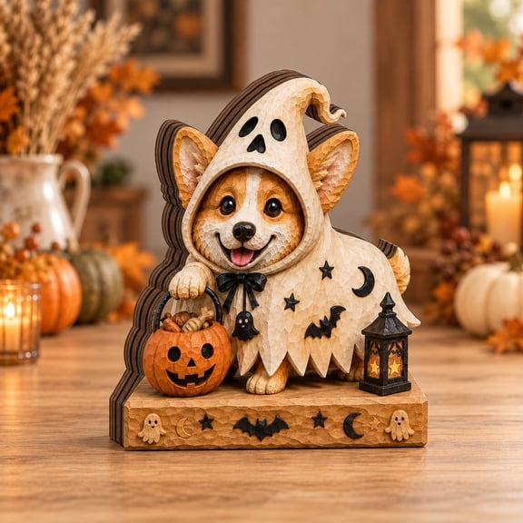3-Layer Halloween Ghost Corgi Wooden Stand for Tabletop Display, Dog Lover Gift