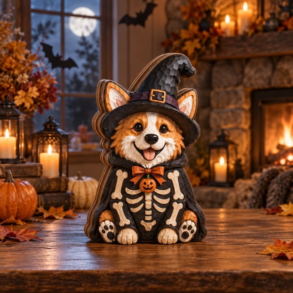 3 Layer Halloween Ghost Dog Wooden Stand, Skeleton Witch Corgi Tabletop Accent for Pet Lovers