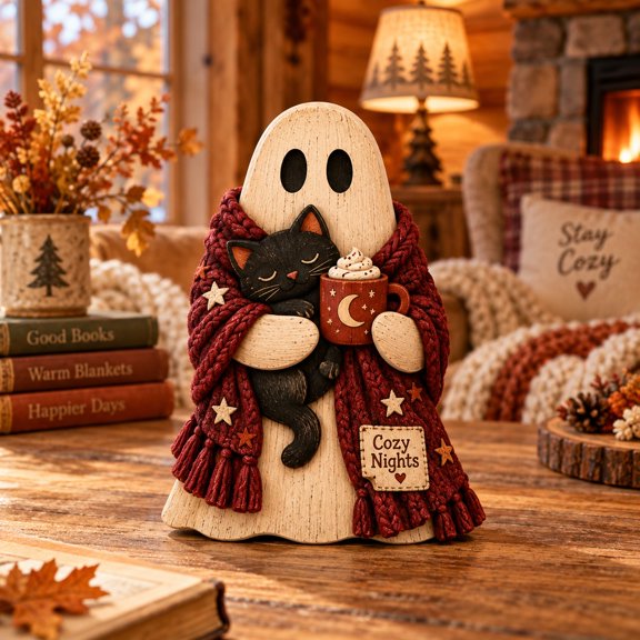 3 Layer Halloween Ghost Wooden Shelf Sitter, Cozy Cat Cocoa Table Display for Autumn Lovers
