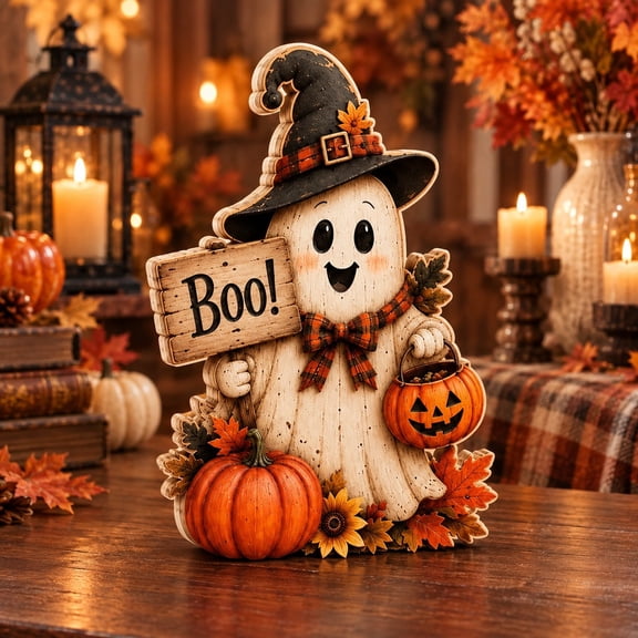 3 Layer Halloween Ghost Wooden Stand, Boo Pumpkin Witch Hat Tabletop Display for Fall Hosts