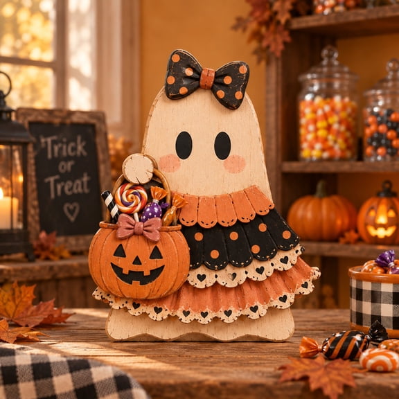 3-Layer Halloween Ghost Wooden Stand, Candy Pumpkin Tabletop Display for Party Hosts