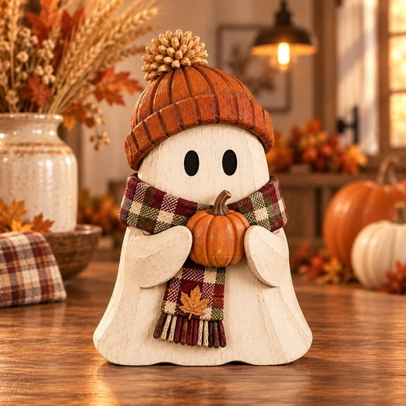 3 Layer Halloween Ghost Wooden Stand, Plaid Pumpkin Tabletop Display for Autumn Hosts