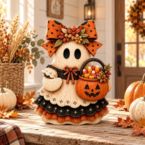 3-Layer Halloween Ghost Wooden Stand, Pumpkin Candy Basket Display for Fall Party Hosts