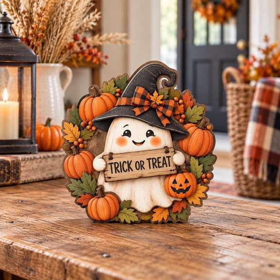 3 Layer Halloween Ghost Wooden Stand, Pumpkin Wreath Tabletop Accent for Trick or Treat Season
