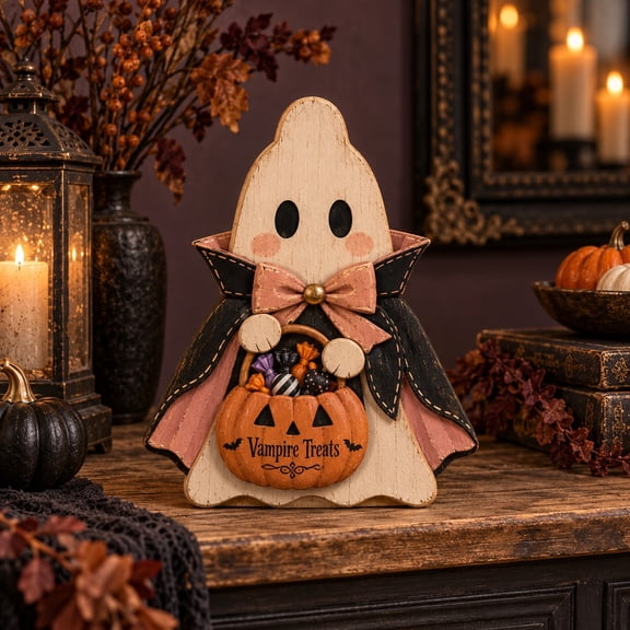 3-Layer Halloween Ghost Wooden Stand, Vampire Treats Tabletop Display for Spooky Season