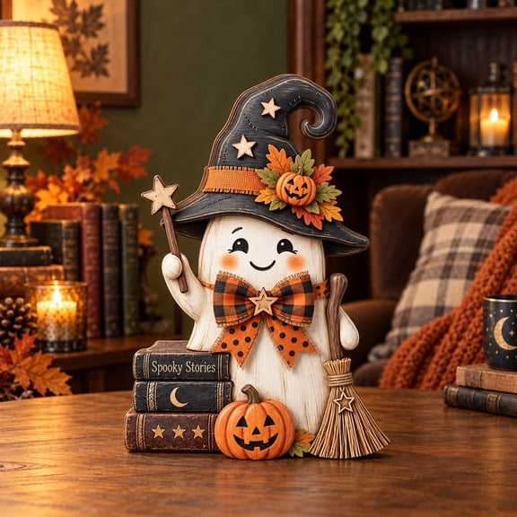 3 Layer Halloween Ghost Wooden Stand, Witch Hat Spell Book Tabletop Display