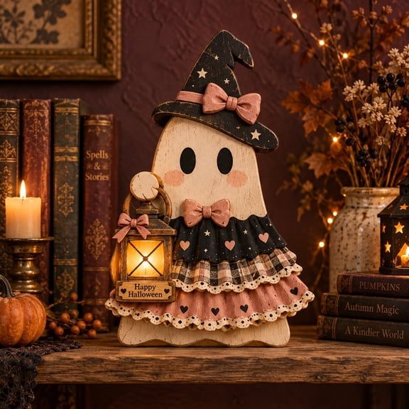 3-Layer Halloween Ghost Wooden Stand, Witch Lantern Tabletop Display for Spooky Season Gifts