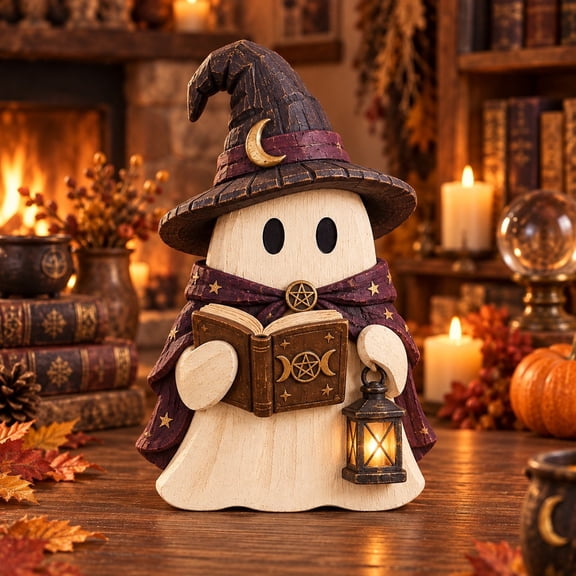 3-Layer Halloween Ghost Wooden Stand, Witch Spellbook Tabletop Accent for Spooky Season Fans