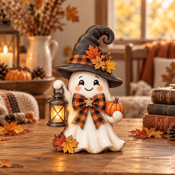 3-Layer Halloween Ghost Wooden Stand with Witch Hat Lantern for Fall Tabletop Display
