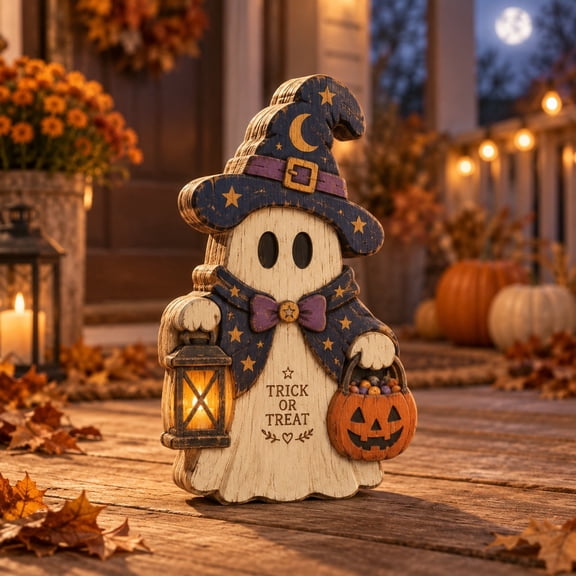 3-Layer Halloween Ghost Wooden Table Sign, Witch Lantern Trick or Treat Porch Display for Hosts