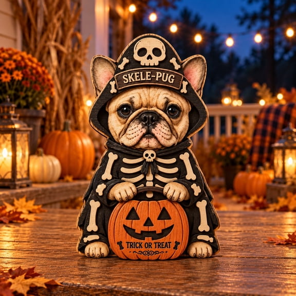 3 Layer Halloween Pug Skeleton Wooden Stand for Porch Decor Dog Lover Gift
