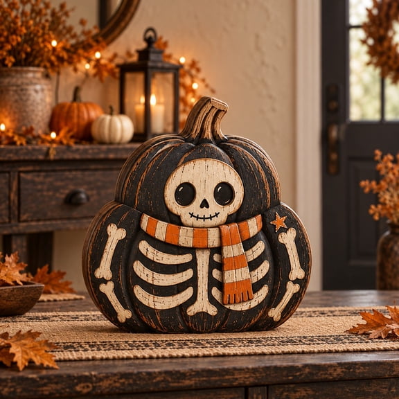 3 Layer Halloween Pumpkin Wooden Skeleton Tabletop Stand for Spooky Season Decor