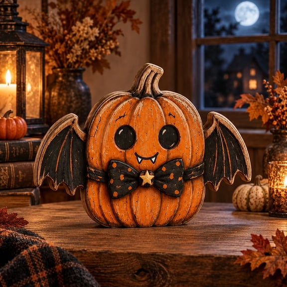 3-Layer Halloween Pumpkin Wooden Stand, Bat Wing Vampire Tabletop Accent for Party Hosts