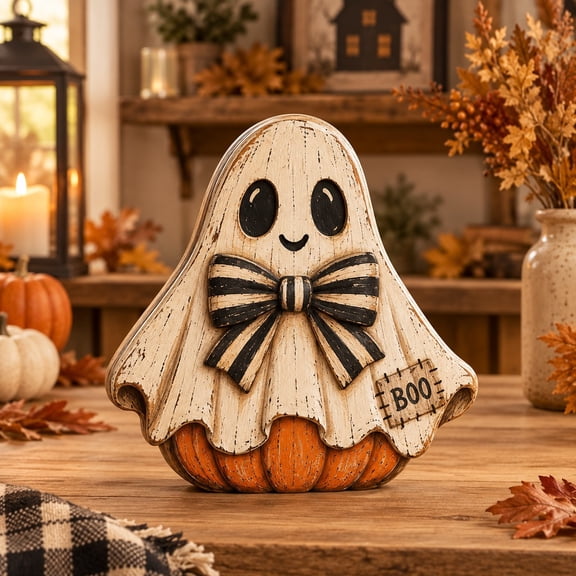 3 Layer Halloween Pumpkin Wooden Stand Ghost with Striped Bow Tabletop Accent