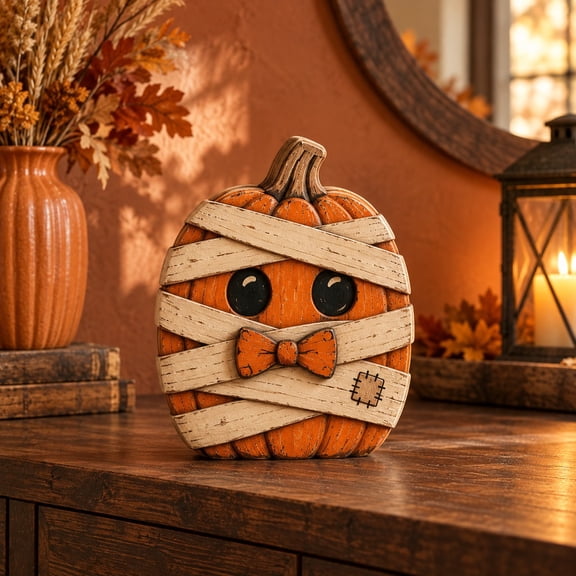 3 Layer Halloween Pumpkin Wooden Stand, Mummy Bow Tie Tabletop Accent for Seasonal Decorating