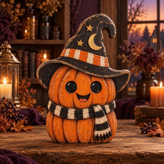 3 Layer Halloween Pumpkin Wooden Stand, Witch Hat Rustic Tabletop Accent for Spooky Season Hosts