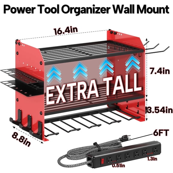 3 Layer Heavy Duty Power Tool Organizer Wall Mount with Charging Station, Adjustable Metal Storage Rack, 6 Outlets Power Strip, Drill Holders, Hooks & Drill Bit Rack for Garage, Workshop, Red