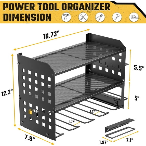 3-Layer Heavy Duty Power Tool Organizer with 2 Side Pegboards, Drill Holder Wall Mount for Garage Workshop