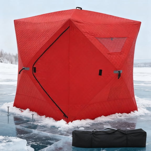 3-Layer Insulated Pop-Up Ice Fishing Shelter for 3-4 People, Ice Fishing Shelter, Pop-up Ice Fishing Tent, Ice Shanty, Portable and Insulated, with 2 Doors and Carrying Bag(70"*70"*78")