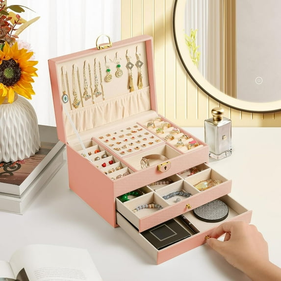 3 Layer Jewelry Box, Jewelry Holder with Lockable Drawer, Large Jewelry Boxes & Organizer with Velvet Earring Holder, Gifts for Mom Women